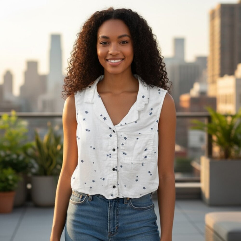 SO Women's Small Button Down Crop Blouse White Gray Stars Cotton
